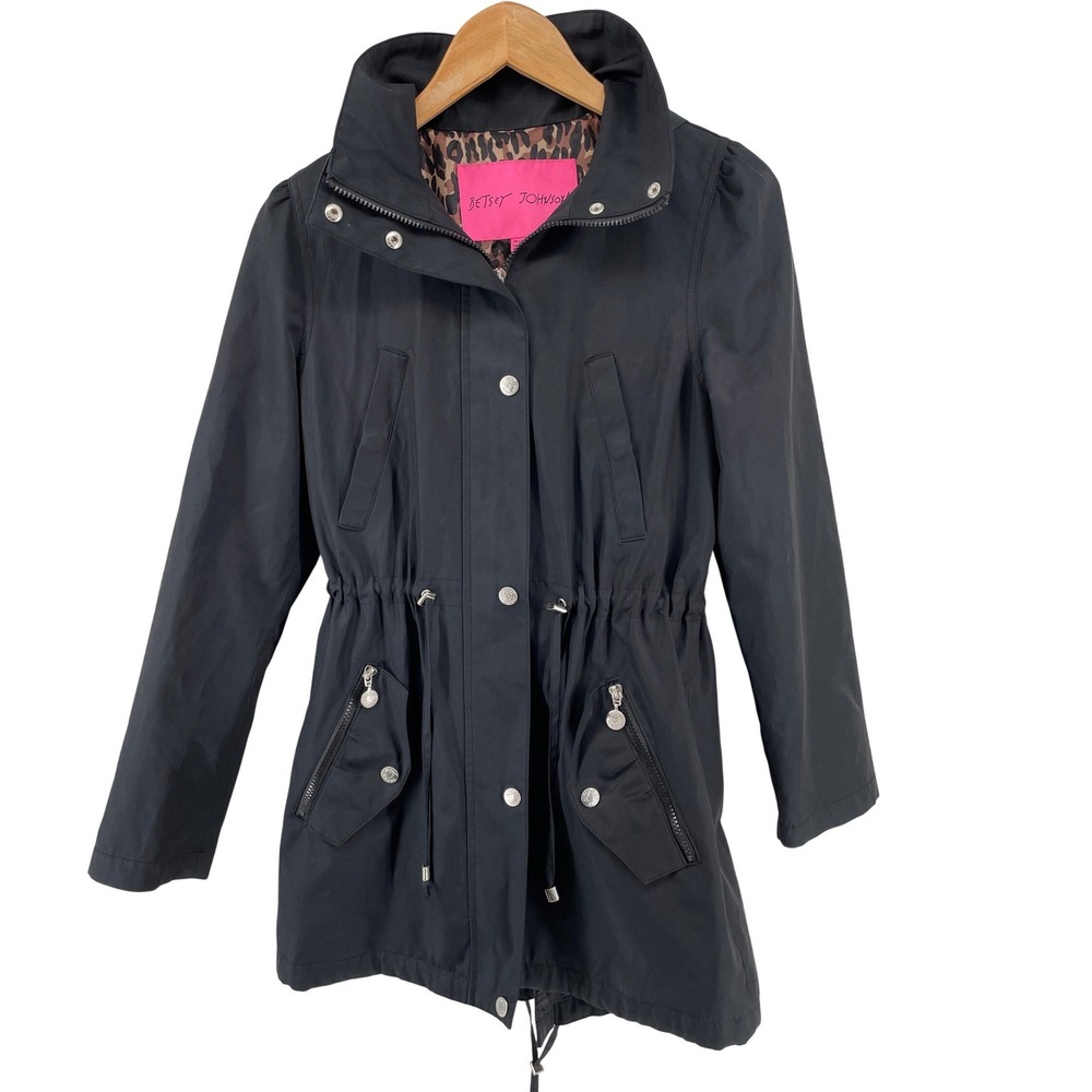 Betsey Johnson Utility Jacket Womens XS Black Leopard Print Lining Rain Jacket